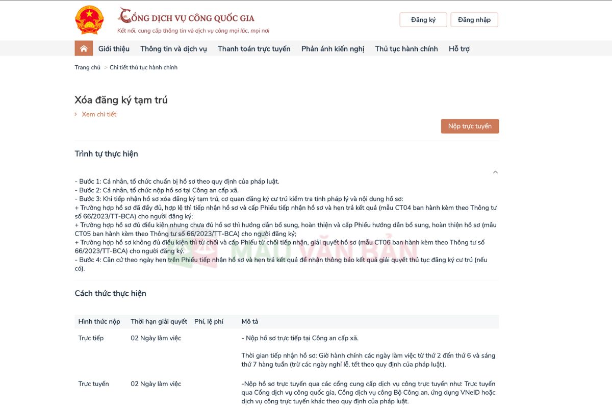 Xoá tạm trú online